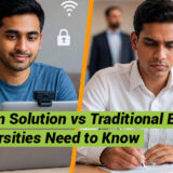 A visual comparison showing the speed and security of a modern Online Examination System (laptop icon) versus the slow logistics of traditional paper-based exams.