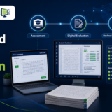 Digital evaluation and result processing workflow diagram for universities, supported by Learning Spiral Ltd.'s examination platform.